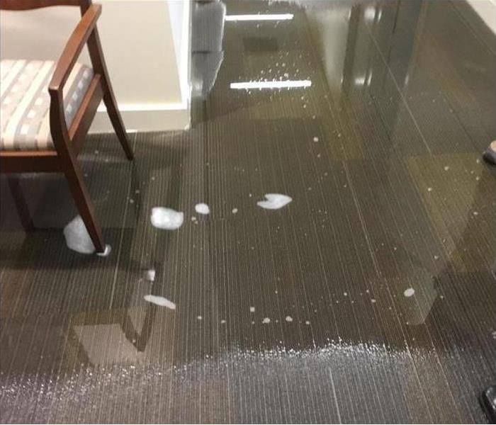 Flooded carpet, water damage in office building.
